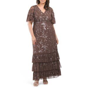 MAC DUGGAL Chocolate Plus Sequin Embellished Flutter Sleeve Gown